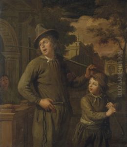 A Man Carrying A Stick And Kindling Crossing A Town Bridge With His Son by Christoffel Lubieniecki