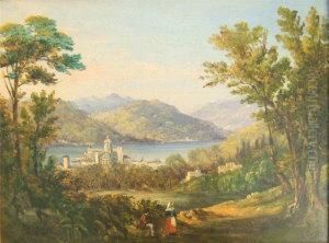 Ingram, Pair Of Oil Oncanvas, Lago Di Como And Lake Of Geneva, Continental Landscapeswith Water, Boats, Figures And Buildings With Mountains Beyond,9ins X 12ins