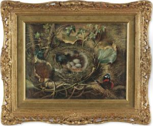A Still-life With Bird's Nest And Butterfly On A Mossy Bank