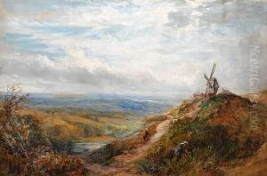 Girl Picking Wildflowers In An Extensivelandscape, With Distant Windmill by George Lucas