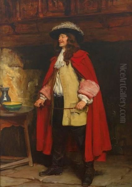 Portrait Eines Eleganten Herren Mit Rotem Umhang, Gelber Jacke Und Stiefeln - view 1