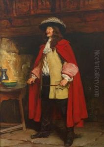 Portrait Eines Eleganten Herren Mit Rotem Umhang, Gelber Jacke Und Stiefeln Portrait Eines Eleganten Herren Mit Rotem Umhang, Gelber Jacke Und Stiefeln