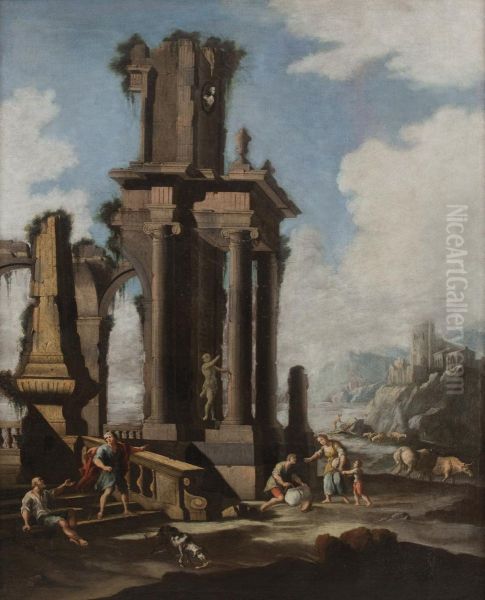 Paesaggio Costiero Con Rovine Classiche Di Ordine Ionico E Vari Astanti - view 1