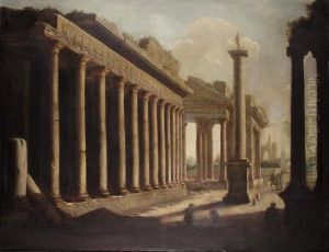 An Architectural Capriccio With Figures Amongst Ruins With The Anthonine Column by Ascanio Luciani