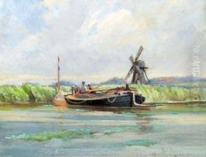 Scene With Wherry By A Windmill by Kenneth W. Luck