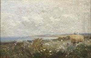 Figures Gathering Hay In A Coastal Landscape by Max Ludby
