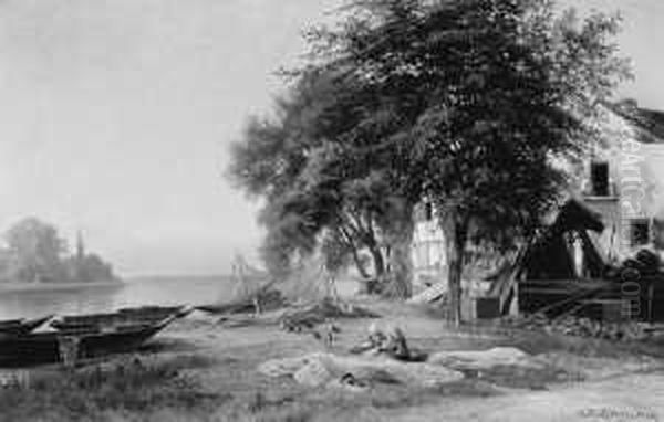 Hollandische Flusslandschaft Mit Netzflickerinnen: Signiert Unten Rechts: A.b. Ludecke Dssd. Ol Auf Leinwand, Auf Hartfaserplatte Aufgezogen. H 68; B 100 Cm. - view 1