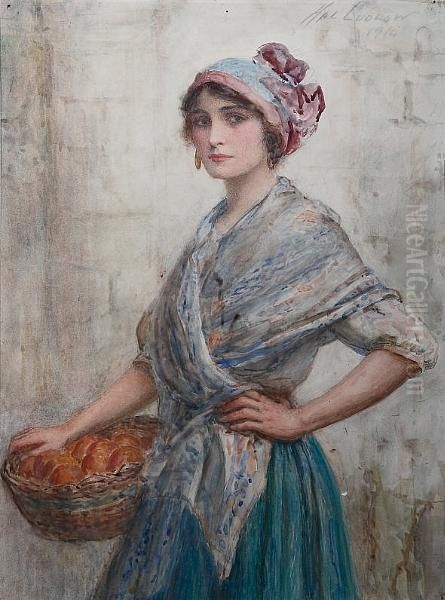 Portrait Of A Young Woman Wearing A Headscarf And Earrings, Holding A Basket Of Fruit At Her Side, Signed And Dated 1914 - view 1