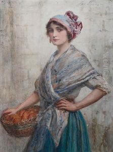 Portrait Of A Young Woman Wearing A Headscarf And Earrings, Holding A Basket Of Fruit At Her Side, Signed And Dated 1914