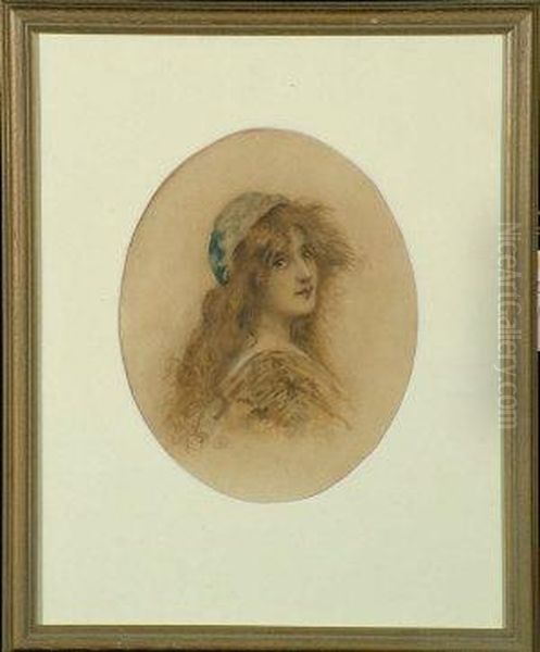 A Bust Portrait Of A Young Woman With Long Red Hair Wearing A Blue Cap - view 1