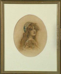 A Bust Portrait Of A Young Woman With Long Red Hair Wearing A Blue Cap