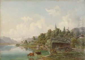 Blick Auf Einen Bergsee Im Vordergrund Kuhe Bei Einer Hutte