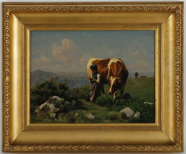 Vaches Et Fillette Cueillant Des Fleurs - view 1