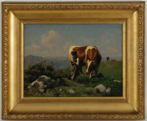 Vaches Et Fillette Cueillant Des Fleurs by Albert Lugardon