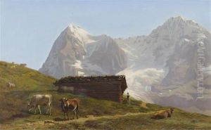 Cows In A Meadow Before The Eiger And The Matterhorn by Albert Lugardon