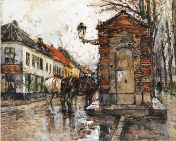 Strassenansicht Im Regen Mit Zwei Pferden An Einem Stadtbrunnen Mit Laterne - view 1