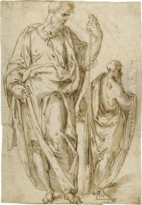 Two Standing Figures, One Holding A Staff In His Left Hand