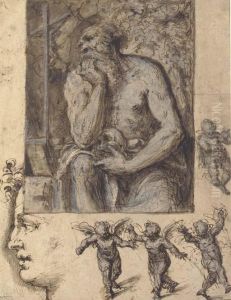A Hermit Contemplating A Crucifix, With Studies Of Putti And A Headin Profile