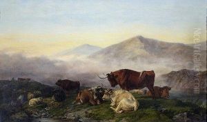 Livestock Grazing By A Stream by William Snr Luker