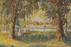 Couple Fishing From A Tree Lined River by Georgi Kreskentevich Lukomskii