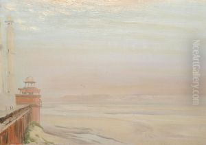 Estuary Scene In India, With Figures On A Quayside by Ernest S. Lumsden