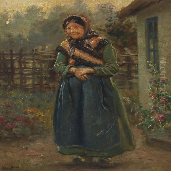 Elderly Woman In Flowering Garden - view 1