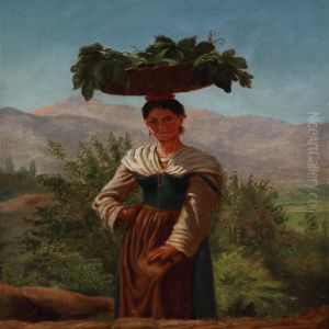 Italian Mountain Landscape With Peasant Woman by Frederick Christian Lund