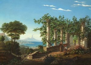 Italians In A Pergola With A View Of The Bay Of Naples And Vesuvius