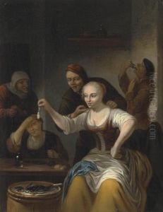 A Barn Interior With A Woman Seated Holding Up by Gerrit Lundens