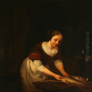 A Young Woman Cleans Fish by Gerrit Lundens