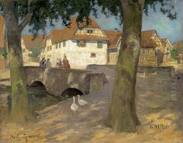 Sommerliches Dorfidyll Mit Auf Einer Steinbrucke Sitzenden Madchen - view 1