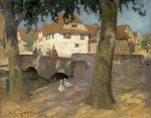 Sommerliches Dorfidyll Mit Auf Einer Steinbrucke Sitzenden Madchen by Adolf Luntz