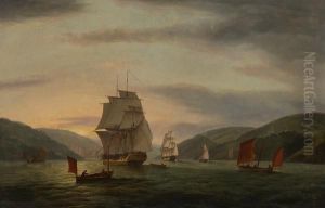 A Frigate Lugger And Merchant Ship In Dartmouth Harbor by Thomas Luny
