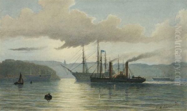 A Paddle Steamer And Further Shipping At Sunset - view 1