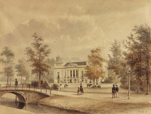 A View Of The Villa Hoogland, Utrecht, With Elegant Figures In Thepark Near A Bridge - view 1
