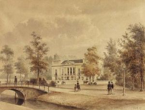 A View Of The Villa Hoogland, Utrecht, With Elegant Figures In Thepark Near A Bridge by Petrus Josephus Lutgers