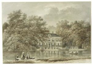 'hoffwerk' Near Breukelen With Figures In A Boat Crossing The Rivervecht by Petrus Josephus Lutgers