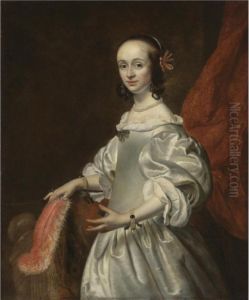 Portrait Of A Young Lady, Half Length, Wearing A White Satin Dress And Holding A Feather