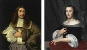 A Portrait Of Andries Rijckaert (1636-1716), Standing Half-length, Wearing A Brown Coat With A White Lace Collar And Purple Ribbons; A Portrait Of His Sister Susanna Rijckaert (born 1635), Half Length, Wearing A Black Dress With A White Lace Collar And W by Isaac Luttichuys