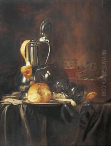 Still Life With Pewter Jug, Rummer, Bread Roll And Pipe On A Plate,with Cards And Pipe On A Draped Table Cloth.