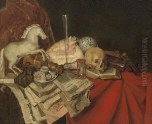A Conch Shell, Books And Papers, A Porcelain Bowl, A Maquette Of A Horse, A Glass Vase And Skull On A Partly-draped Ledge by Simon Luttichuys