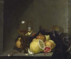 Stilleben Mit Romer, Silbermesser Und Zitrusfruchten. by Simon Luttichuys