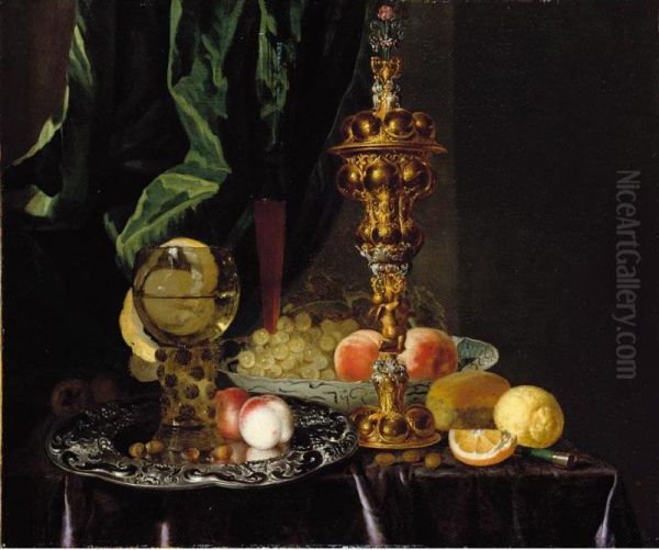 A Still Life Of Peaches, Grapes, A Lemon, A Segment Of Orange, Hazelnuts And A Bread Roll, Together With A Roemer, A Large Gold by Simon Luttichuys