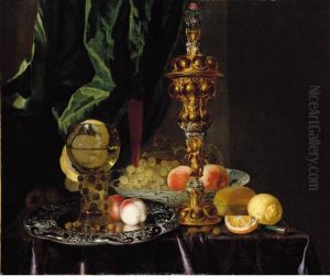 A Still Life Of Peaches, Grapes, A Lemon, A Segment Of Orange, Hazelnuts And A Bread Roll, Together With A Roemer, A Large Gold by Simon Luttichuys