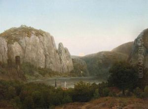 Rheinlandschaft Mit Bergen Und Burgruine In Derabenddammerung