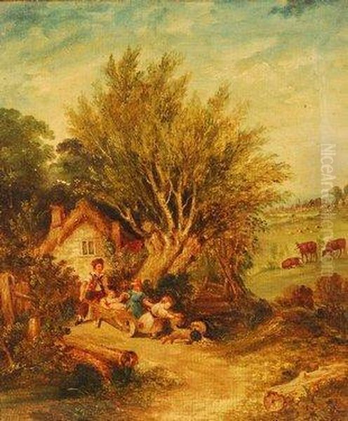 Children Playing Near A Cottage With Cattle In The Distance - view 1