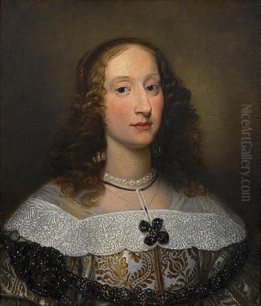 Portrait Of A Lady, Bust-length, In A Gold And White Dress With A White Lace-trimmed Collar And A Pearl Necklace - view 1