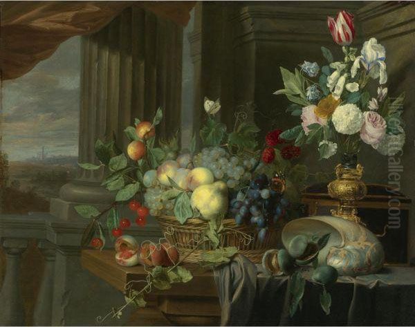 Still Life Of A Basket Of Fruit, Flowers In A Gilt Vase, A Nautilusshell And Other Objects On A Draped Table Near An Open Window, Alandscape Beyond - view 1