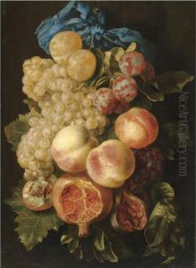 A Still Life With Plums, Grapes, Peaches And A Pomegranate Tied With A Blue Ribbon by Carstiaen Luyckx