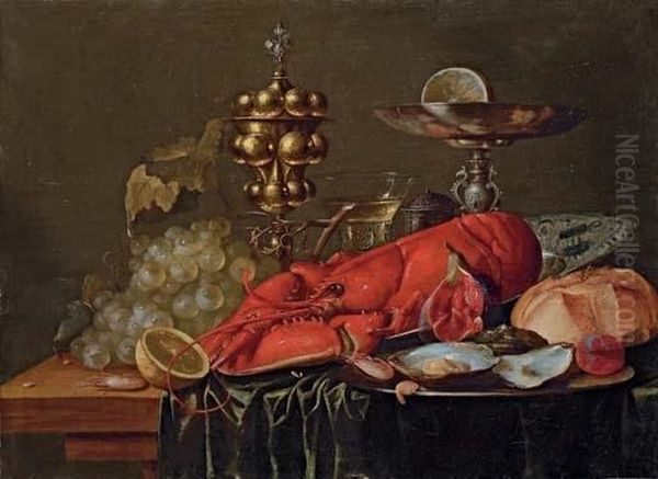 A Lobster On A Blue And White Porcelain Platter, Oysters, A Shrimp, A Plum And A Fig On A Pewter Plate, A Bread Roll, A Pewter Tazza, A Gold Stand And Grapes On A Partly-draped Wooden Table - view 1